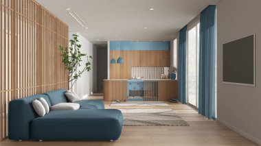 Evcil hayvan dostu ahşap ve mavi oturma odası kanepe ve mutfak. Evcil hayvanlara ayrılmış bir yer, mobilyaların içindeki köpek yatağı. Halı, perdeli büyük pencereler, parke. İç tasarım fikri