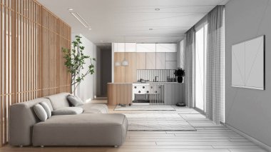 Mimar iç mimar konsepti: elle çizilmiş tamamlanmamış proje gerçek, hayvan dostu oturma odası ve mutfak. Evcil hayvanlara ayrılmış alan, mobilyaların içindeki köpek yatağı