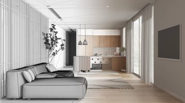 Mimar iç mimar konsepti: elle çizilmiş tamamlanmamış proje gerçek, hayvan dostu oturma odası ve mutfak. Evcil hayvanlara ayrılmış alan, mobilyaların içindeki köpek yatağı