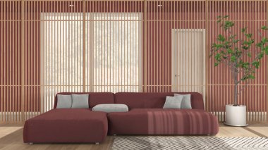 Kırmızı tonlu minimalist modern oturma odası, yastıklı kadife kanepe, arka planda ahşap panel, halı, parke zemin. Büyük panoramik pencere ve saksı bitkisi. İç tasarım