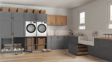 Evcil hayvan dostu modern gri ve ahşap çamaşır odası, dolaplı ve teçhizatlı oda, çamaşır makinesi ve kurutma makinesi. Mozaik fayanslı köpek banyosu ve merdiven. İç tasarım fikri