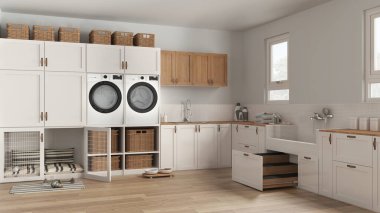 Evcil hayvan dostu modern beyaz ve ahşap çamaşır odası, dolaplı ve teçhizatlı oda, çamaşır makinesi ve kurutma makinesi. Mozaik fayanslı köpek banyosu ve merdiven. İç tasarım fikri