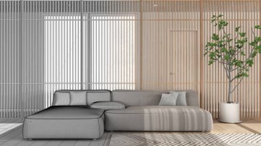 Mimari iç mimar konsepti: gerçek, oturma odası, kanepe, arka planda ahşap panel, halı, parke haline gelen el çizimi tamamlanmamış proje. Pencere ve saksı bitkisi