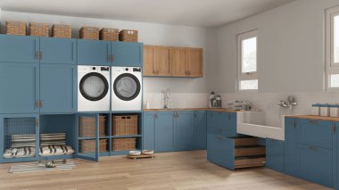 Evcil hayvan dostu modern mavi ve ahşap çamaşır odası, dolaplı ve teçhizatlı oda, çamaşır makinesi ve kurutma makinesi. Mozaik fayanslı köpek banyosu ve merdiven. İç tasarım kavramı