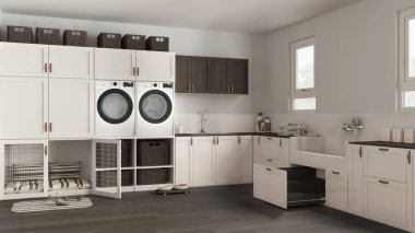 Evcil hayvan dostu modern karanlık ve ahşap çamaşır odası, dolaplı ve teçhizatlı oda, çamaşır makinesi ve kurutma makinesi. Mozaik fayanslı köpek banyosu ve merdiven. İç tasarım fikri