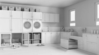 Tamamen beyaz proje taslak, evcil hayvan dostu modern çamaşır odası, dolaplı ve teçhizatlı oda, çamaşır makinesi, kurutucu. Kiremitleri ve merdiveni olan köpek banyosu. İç tasarım fikri