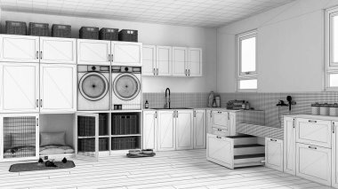 Tamamlanmamış proje taslağı, evcil hayvan dostu modern çamaşır odası, dolaplı ve teçhizatlı oda, çamaşır makinesi, kurutucu. Kiremitleri ve merdiveni olan köpek banyosu. İç tasarım fikri