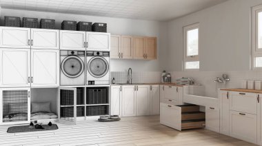 Mimari iç mimar konsepti: gerçek hale gelen el yapımı taslak proje, hayvan dostu çamaşır odası, dolaplı ve teçhizatlı çamur odası. Merdivenli köpek banyosu.