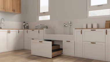 Beyaz tonlu mantar iç tasarım, köpek banyosu, mozaik fayanslar, musluk ve çekmecede tahta merdiven olan ev hayvanı dostu çamaşır odası. Parke zemin, evcil hayvana ayrılmış alan