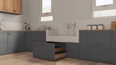 Gri tonlu mantar iç tasarım, köpek banyosu, mozaik fayanslı banyo, musluk ve çekmecede ahşap merdiven. Parke zemin, evcil hayvana ayrılmış alan