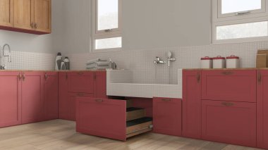 Mudroom in red tones interior design, pet friendly laundry room with dog bath shower with mosaic tiles, faucet and wooden ladder inside a drawer. Parquet floor, space devoted to pet