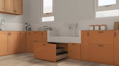 Portakal rengi iç tasarım, köpek banyosu, mozaik fayanslar, musluk ve çekmecede ahşap merdiven olan ev hayvanı dostu çamaşır odası. Parke, evcil hayvana ayrılmış alan