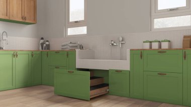 Yeşil tonlu mantar iç tasarım, köpek banyosu, mozaik fayanslı banyo, musluk ve çekmecede ahşap merdiven. Parke zemin, evcil hayvana ayrılmış alan