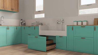 Turkuaz tonlu iç tasarım, köpek banyosu, mozaik fayanslar, musluk ve çekmecede ahşap merdiven olan ev hayvanı dostu çamaşır odası. Parke, evcil hayvana ayrılmış alan