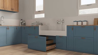 Mavi tonlu iç tasarım, köpek banyosu, mozaik fayanslı banyo, musluk ve çekmecede ahşap merdiven olan ev hayvanı dostu çamaşır odası. Parke zemin, evcil hayvana ayrılmış alan