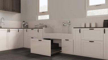 Koyu tonlu iç dekorasyon, köpek banyosu, mozaik fayanslı banyo, musluk ve çekmecede ahşap merdiven olan ev hayvanı dostu çamaşır odası. Parke zemin, evcil hayvana ayrılmış alan