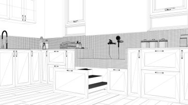 Proje taslağı, iç tasarım, köpek banyosu, mozaik fayanslar, musluk ve çekmecede ahşap merdiven olan ev hayvanı dostu çamaşır odası. Evcil hayvana ayrılmış alan