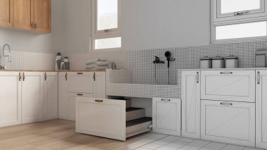 Mimari iç mimar konsepti: elle çizilmiş tamamlanmamış taslak proje gerçek, çamur odası, köpek banyosu banyosu, musluk ve merdiveni olan hayvan dostu çamaşır odası bir çekmecenin içinde.