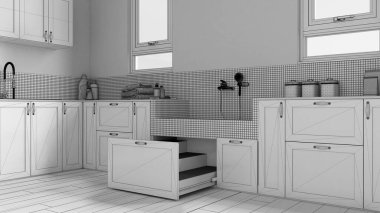 Unfinished project draft, mudroom interior design, pet friendly laundry room with dog bath shower with mosaic tiles, faucet and wooden ladder inside a drawer. Space devoted to pet