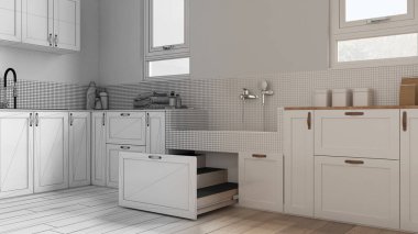 Mimari iç mimar konsepti: elle çizilmiş tamamlanmamış taslak proje gerçek, çamur odası, köpek banyosu banyosu, musluk ve merdiveni olan hayvan dostu çamaşır odası bir çekmecenin içinde.