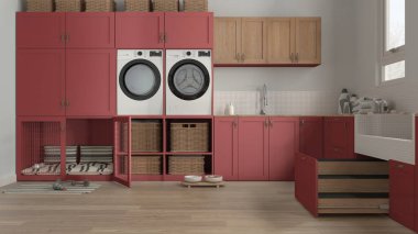 Evcil hayvana ayrılmış bir yer, kırmızı tonlarda evcil hayvan dostu çamaşır odası ve çekmecede ahşap merdiven olan köpek banyosu. Kapılı köpek yatağı. Modern iç tasarım kavramı