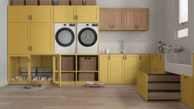 Evcil hayvana ayrılmış bir yer, sarı tonda evcil hayvan dostu çamaşır odası ve çekmecesinde ahşap merdiven olan köpek banyosu. Kapılı köpek yatağı. Modern iç tasarım fikri