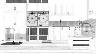 Proje taslağı, evcil hayvana ayrılmış bir alan, ev hayvanı dostu çamaşır odası, alet edevat ve çekmecede merdiveni olan köpek banyosu. Kapılı köpek yatağı. Modern iç tasarım