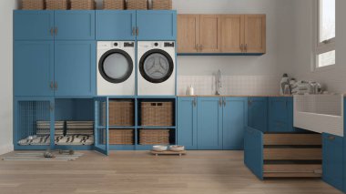 Space devoted to pet, pet friendly laundry room in blue tones with appliances and dog bath shower with wooden ladder inside a drawer. Dog bed with gate. Modern interior design concept