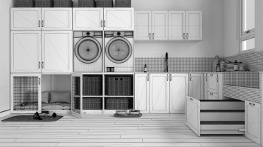 Tamamlanmamış proje taslağı, evcil hayvana ayrılmış alan, ev hayvanı dostu çamaşır odası, alet edevat ve çekmecede merdiveni olan köpek banyosu. Kapılı köpek yatağı. Modern iç tasarım