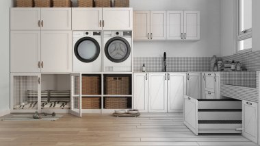 Mimari iç mimar konsepti: elle çizilmiş, tamamlanmamış, evcil hayvana adanmış bir alan, hayvan dostu çamaşır odası ve köpek banyosu. Kapılı köpek yatağı