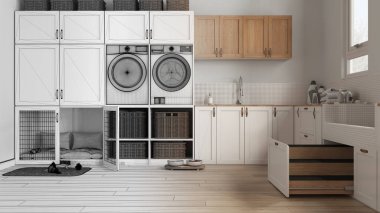 Mimari iç mimar konsepti: elle çizilmiş, tamamlanmamış, evcil hayvana adanmış bir alan, hayvan dostu çamaşır odası ve köpek banyosu. Kapılı köpek yatağı