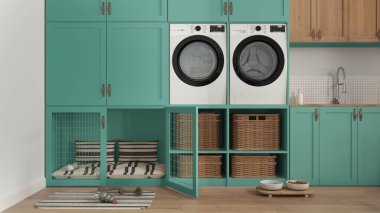 Turkuaz tonlu evcil hayvan dostu çamur odası, aletli çamaşır odası, kurutma makinesi ve çamaşır makinesi yastıklı köpek yatağı ve mobilyaların içindeki kapı. Şeker kasesi, halı. İç tasarım