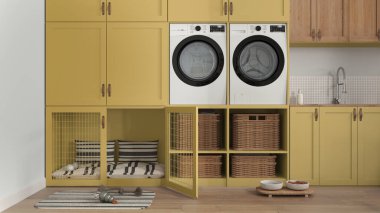 Sarı tonlu evcil hayvan dostu çamur odası, ev aletleri, kurutma makinesi ve çamaşır makinesi olan çamaşır odası yastıklı köpek yatağı ve mobilyaların içindeki kapı. Şeker kasesi ve halı. İç tasarım