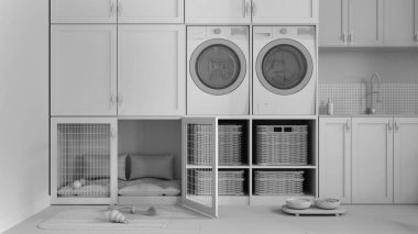 Tamamen beyaz proje taslağı, hayvan dostu antreman odası, ev aletleri, kurutma makinesi ve çamaşır makinesi olan çamaşır odası, mobilyaların içinde kapısı olan köpek yatağı. Şeker kasesi ve halı. İç tasarım