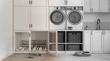 Mimari iç mimar konsepti: gerçek hale gelen el yapımı taslak proje, hayvan dostu çamur odası, ev aletleri olan çamaşır odası, mobilyaların içinde kapısı olan köpek yatağı