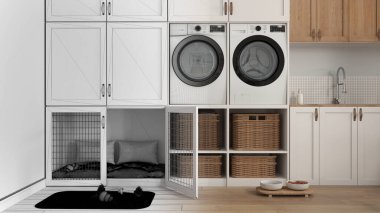 Mimari iç mimar konsepti: gerçek hale gelen el yapımı taslak proje, hayvan dostu çamur odası, ev aletleri olan çamaşır odası, mobilyaların içinde kapısı olan köpek yatağı