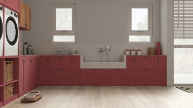 Evcil hayvan dostu çamaşır odası, evcil hayvanlara ayrılmış bir yer, kırmızı tonlu bir oda. Parke, dolaplar ve pencereler fayanslarla, aksesuarlarla ve musluklarla köpek banyosu. Samimi iç tasarım fikri