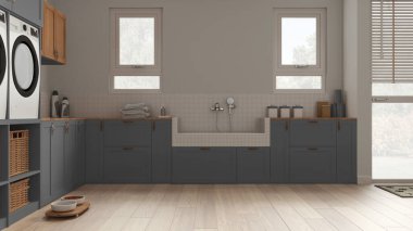 Evcil hayvan dostu çamaşır odası, evcil hayvanlara ayrılmış bir yer, gri tonlu bir oda. Parke, dolaplar ve pencereler fayanslarla, aksesuarlarla ve musluklarla köpek banyosu. Samimi iç tasarım fikri