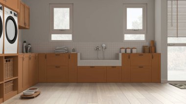 Evcil hayvan dostu çamaşır odası, evcil hayvanlara ayrılmış bir yer, turuncu renkli bir oda. Parke, dolaplar ve pencereler fayanslarla, aksesuarlarla ve musluklarla köpek banyosu. Samimi iç tasarım fikri