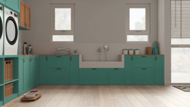 Evcil hayvan dostu çamaşır odası, evcil hayvanlara ayrılmış bir yer turkuaz tonlu bir oda. Parke, dolaplar ve pencereler fayanslarla, aksesuarlarla ve musluklarla köpek banyosu. Konforlu iç tasarım