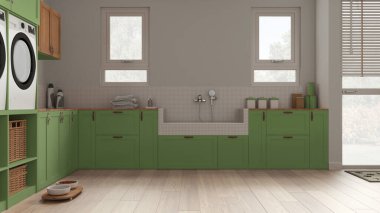 Evcil hayvan dostu çamaşır odası, evcil hayvanlara ayrılmış bir yer, yeşil tonlu bir oda. Parke, dolaplar ve pencereler fayanslarla, aksesuarlarla ve musluklarla köpek banyosu. Samimi iç tasarım fikri