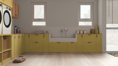 Evcil hayvan dostu çamaşır odası, evcil hayvanlara ayrılmış bir yer, sarı tonlu bir oda. Parke, dolaplar ve pencereler fayanslarla, aksesuarlarla ve musluklarla köpek banyosu. Samimi iç tasarım fikri