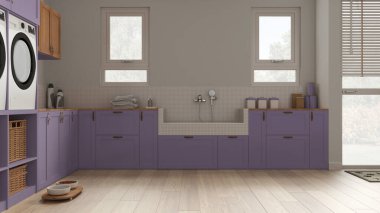 Evcil hayvan dostu çamaşır odası, evcil hayvanlara ayrılmış bir yer, mor tonlu bir çamurluk. Parke, dolaplar ve pencereler fayanslarla, aksesuarlarla ve musluklarla köpek banyosu. Samimi iç tasarım fikri