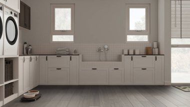 Pet friendly laundry room, space devoted to pets, mudroom in dark tones. Parquet, cabinets and windows, dog bath shower with tiles, accessories and faucet. Cozy interior design idea