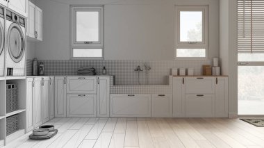 Mimari iç mimar konsepti: elle çizilmiş tamamlanmamış proje gerçeğe dönüşüyor, hayvan dostu çamaşır odası, evcil hayvanlara ayrılmış alan, vestiyer. Kiremitli köpek banyosu