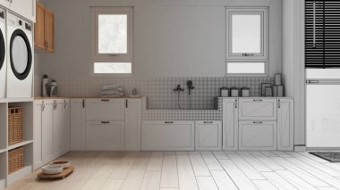 Mimari iç mimar konsepti: elle çizilmiş tamamlanmamış proje gerçeğe dönüşüyor, hayvan dostu çamaşır odası, evcil hayvanlara ayrılmış alan, vestiyer. Kiremitli köpek banyosu