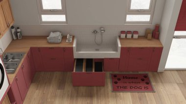Pet friendly mudroom, laundry room in red tones with cabinets and dog bath shower with tiles and faucet, wooden ladder inside a drawer. Top view, above. Cozy interior design idea