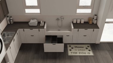 Evcil hayvan dostu çamur odası, dolaplı karanlık tonlarda çamaşır odası fayanslı köpek banyosu musluk, çekmecede ahşap merdiven. Üst manzara, yukarıda. Samimi iç tasarım fikri