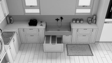 Tamamlanmamış proje taslağı, hayvan dostu antreman odası, dolaplı çamaşır odası fayanslı köpek banyosu musluk, çekmecede ahşap merdiven. Üst manzara, yukarıda. İç tasarım