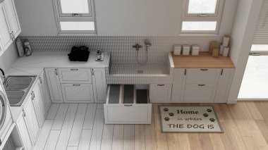 Mimari iç mimar konsepti: gerçek hale gelen el yapımı taslak proje, hayvan dostu çamur odası, çamaşır odası, köpek banyosu, çekmecede merdiven. Üst görünüm, yukarıda